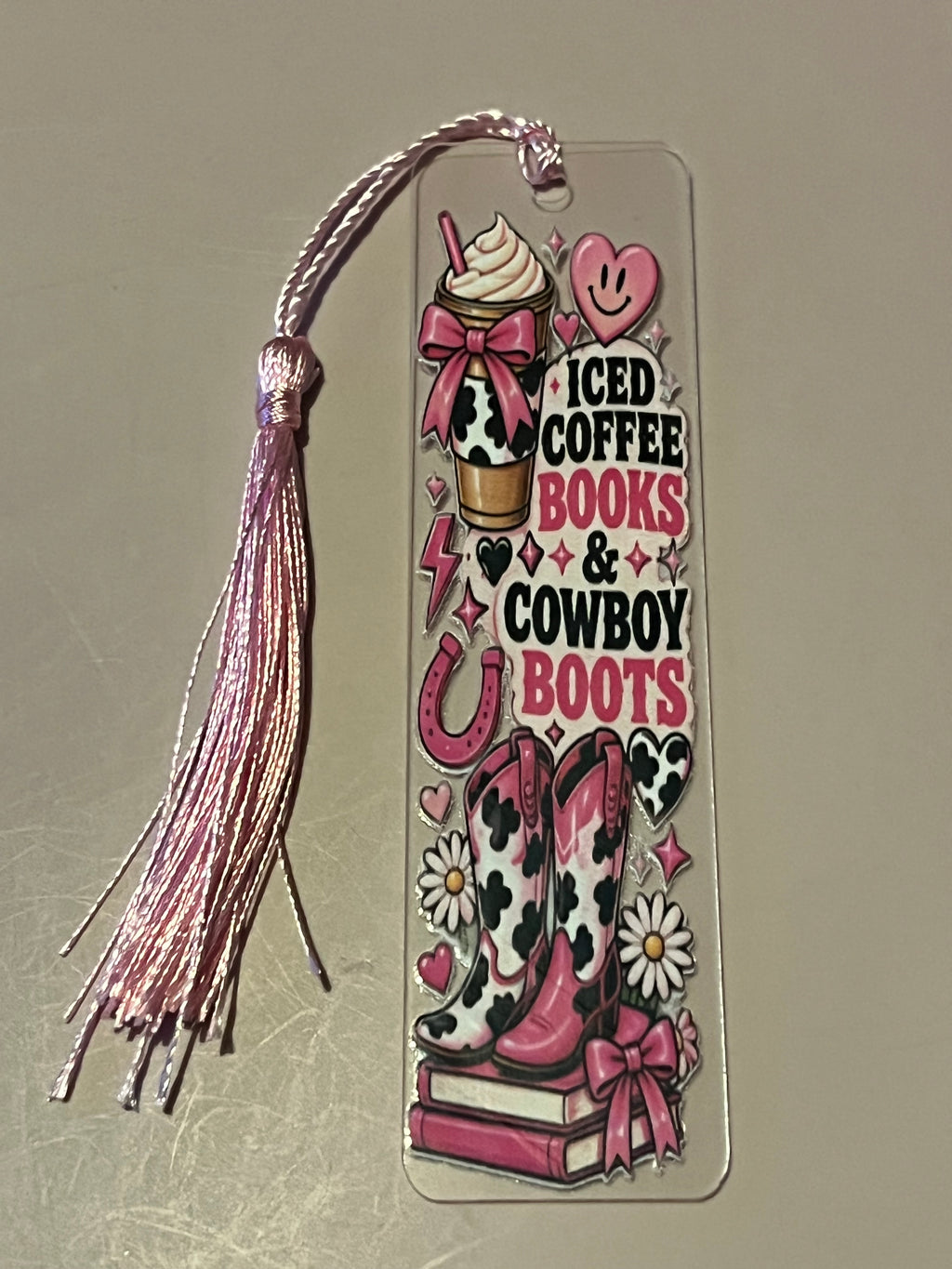 Iced coffee books and cowboy boots bookmark